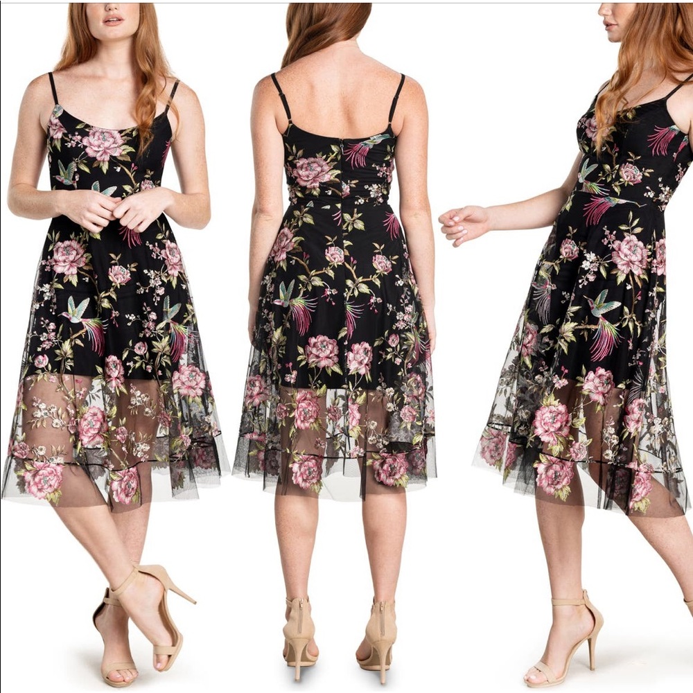 BNWT Dress The Population Uma Floral MIDI Dress in Black Multi